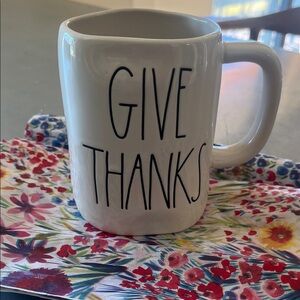 Rae Dunn White Mug with Black 'Give Thanks' Text